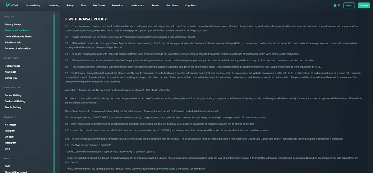 Vave withdrawal policy, section 8, captured 25 August 2026 Section 8 of the Vave terms, the withdrawal policy, shown in full